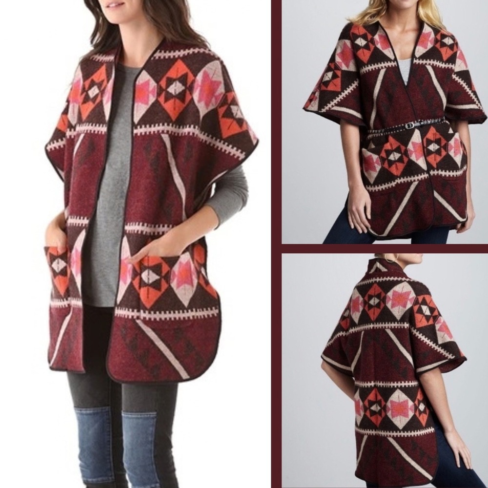 Scotch & Soda MAISON SCOTCH Wool Poncho Vest S/M Maroon Aztec Southwestern Boho